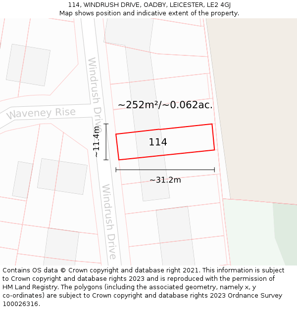 114, WINDRUSH DRIVE, OADBY, LEICESTER, LE2 4GJ: Plot and title map