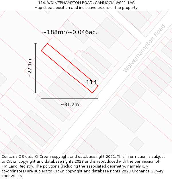 114, WOLVERHAMPTON ROAD, CANNOCK, WS11 1AS: Plot and title map