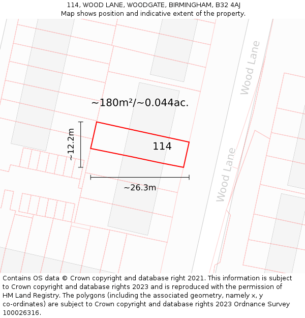 114, WOOD LANE, WOODGATE, BIRMINGHAM, B32 4AJ: Plot and title map