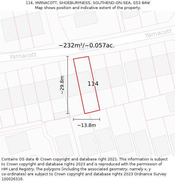 114, YARNACOTT, SHOEBURYNESS, SOUTHEND-ON-SEA, SS3 8AW: Plot and title map