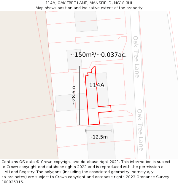 114A, OAK TREE LANE, MANSFIELD, NG18 3HL: Plot and title map