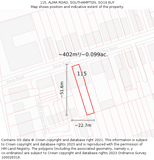 115, ALMA ROAD, SOUTHAMPTON, SO14 6UY: Plot and title map