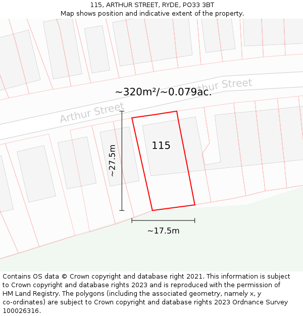 115, ARTHUR STREET, RYDE, PO33 3BT: Plot and title map