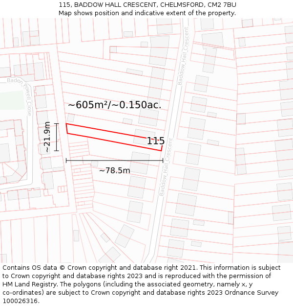 115, BADDOW HALL CRESCENT, CHELMSFORD, CM2 7BU: Plot and title map