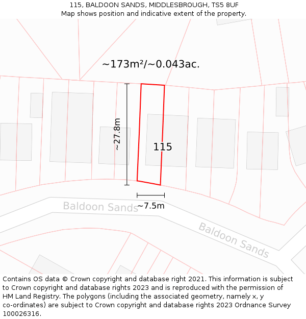 115, BALDOON SANDS, MIDDLESBROUGH, TS5 8UF: Plot and title map