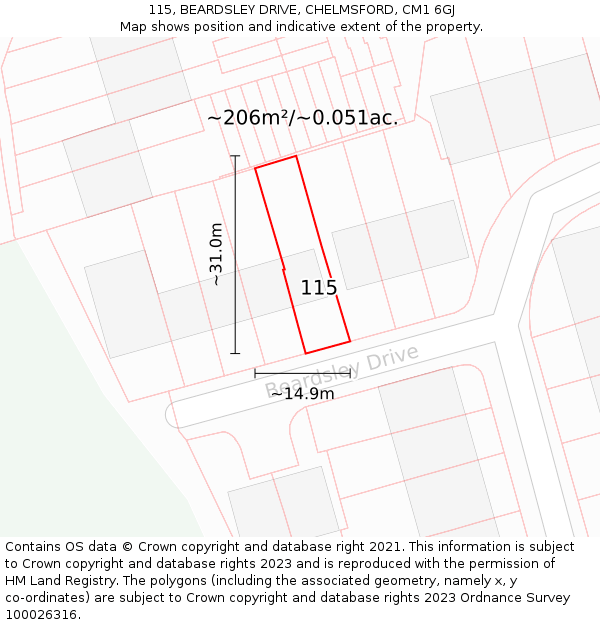 115, BEARDSLEY DRIVE, CHELMSFORD, CM1 6GJ: Plot and title map