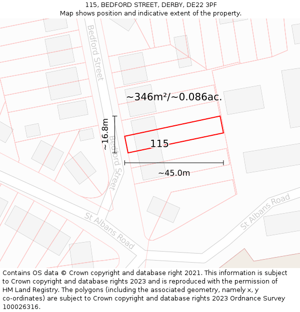 115, BEDFORD STREET, DERBY, DE22 3PF: Plot and title map
