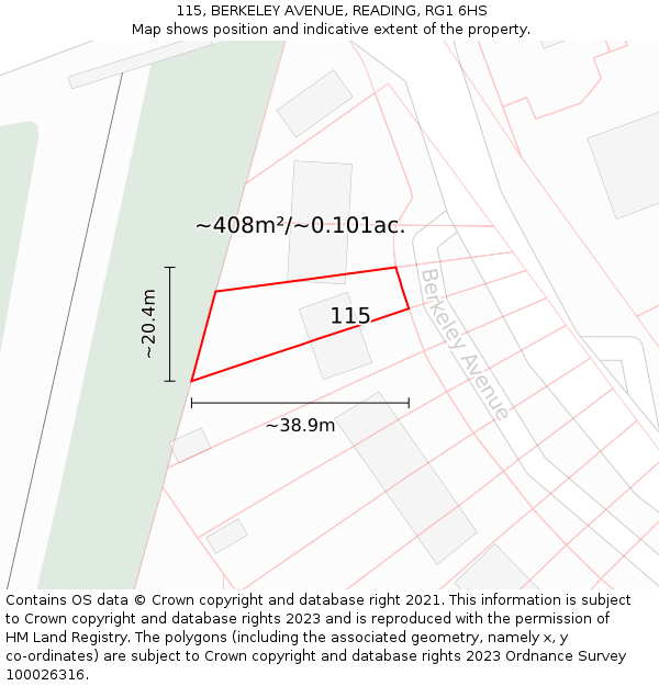 115, BERKELEY AVENUE, READING, RG1 6HS: Plot and title map