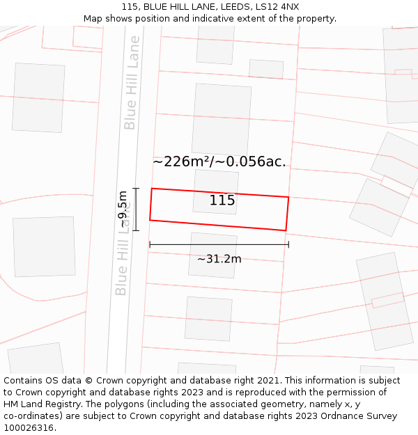 115, BLUE HILL LANE, LEEDS, LS12 4NX: Plot and title map