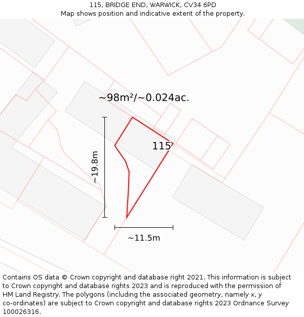 115, BRIDGE END, WARWICK, CV34 6PD: Plot and title map