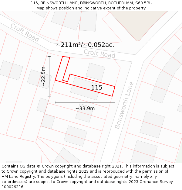 115, BRINSWORTH LANE, BRINSWORTH, ROTHERHAM, S60 5BU: Plot and title map