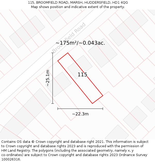115, BROOMFIELD ROAD, MARSH, HUDDERSFIELD, HD1 4QG: Plot and title map