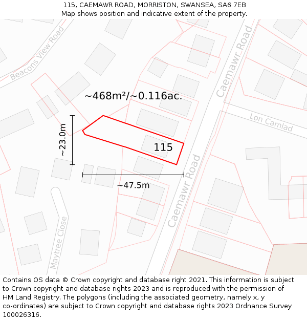 115, CAEMAWR ROAD, MORRISTON, SWANSEA, SA6 7EB: Plot and title map