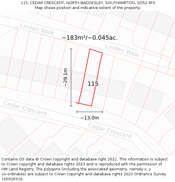115, CEDAR CRESCENT, NORTH BADDESLEY, SOUTHAMPTON, SO52 9FX: Plot and title map