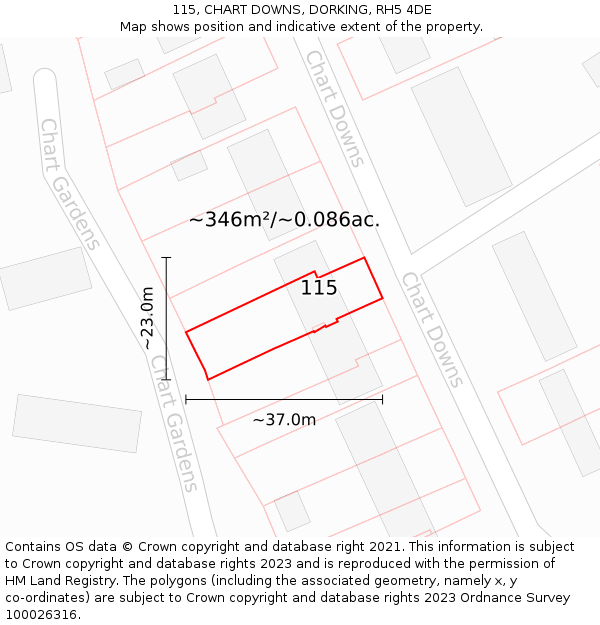 115, CHART DOWNS, DORKING, RH5 4DE: Plot and title map