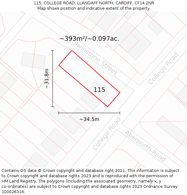115, COLLEGE ROAD, LLANDAFF NORTH, CARDIFF, CF14 2NR: Plot and title map