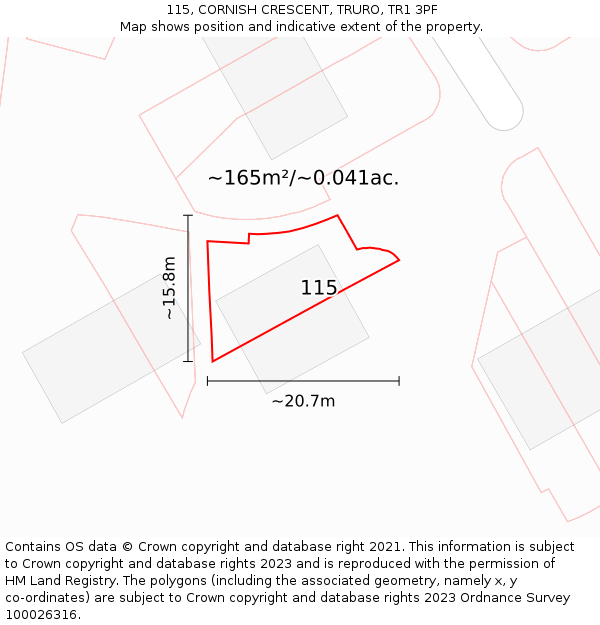 115, CORNISH CRESCENT, TRURO, TR1 3PF: Plot and title map
