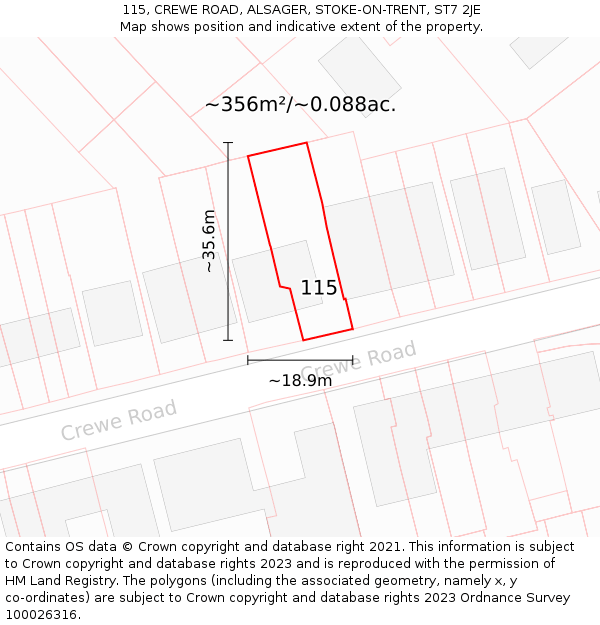 115, CREWE ROAD, ALSAGER, STOKE-ON-TRENT, ST7 2JE: Plot and title map