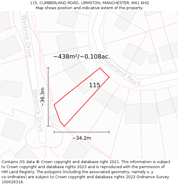 115, CUMBERLAND ROAD, URMSTON, MANCHESTER, M41 9HQ: Plot and title map