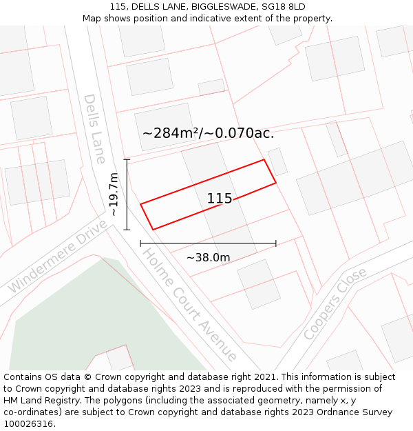 115, DELLS LANE, BIGGLESWADE, SG18 8LD: Plot and title map