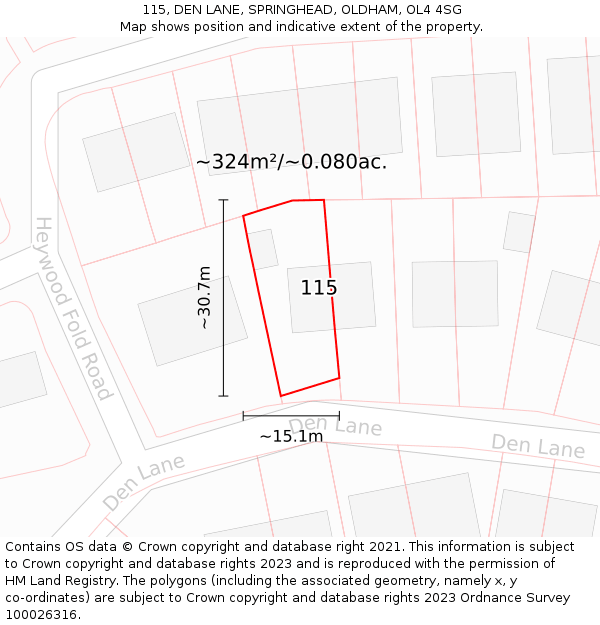 115, DEN LANE, SPRINGHEAD, OLDHAM, OL4 4SG: Plot and title map