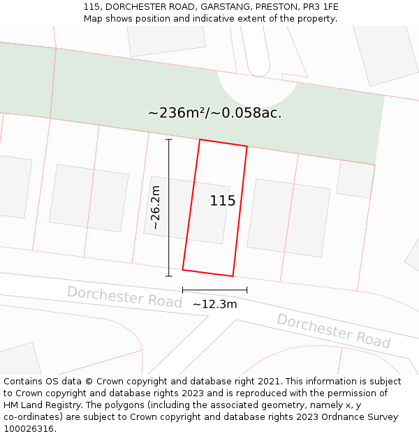 115, DORCHESTER ROAD, GARSTANG, PRESTON, PR3 1FE: Plot and title map