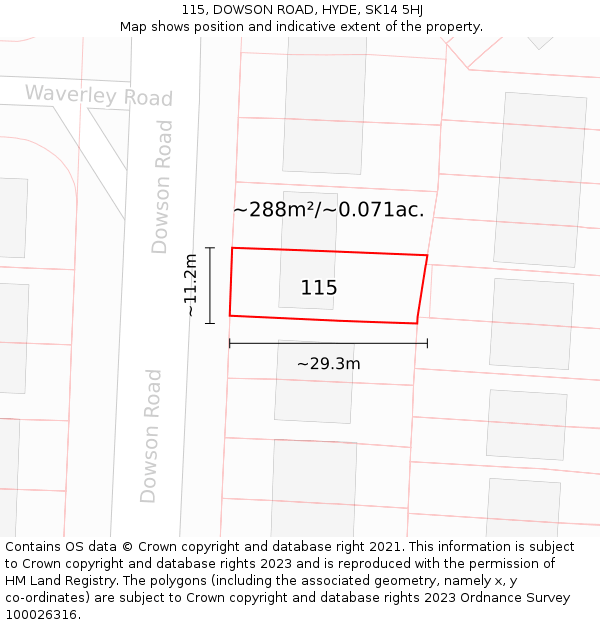 115, DOWSON ROAD, HYDE, SK14 5HJ: Plot and title map