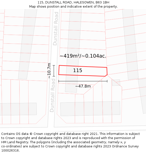 115, DUNSTALL ROAD, HALESOWEN, B63 1BH: Plot and title map
