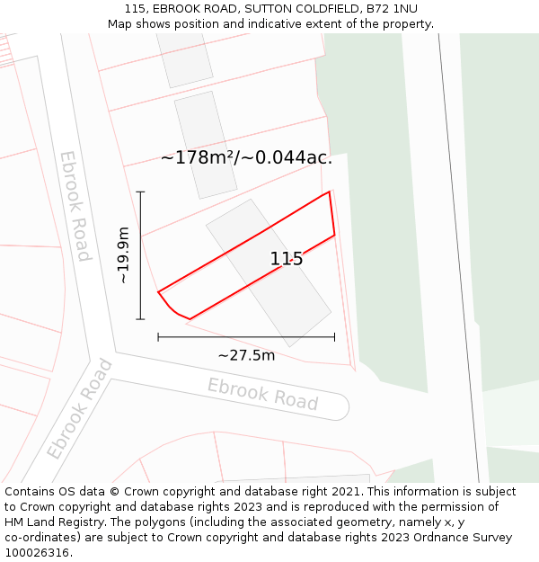 115, EBROOK ROAD, SUTTON COLDFIELD, B72 1NU: Plot and title map