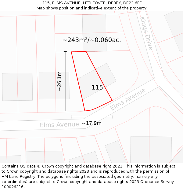 115, ELMS AVENUE, LITTLEOVER, DERBY, DE23 6FE: Plot and title map