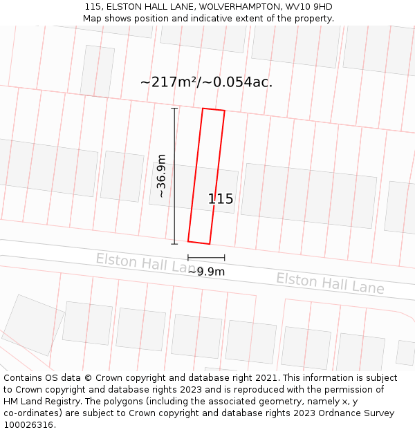 115, ELSTON HALL LANE, WOLVERHAMPTON, WV10 9HD: Plot and title map