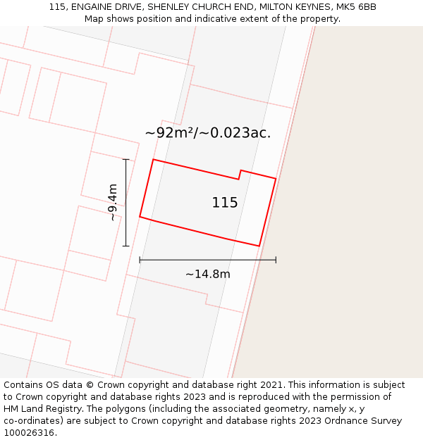 115, ENGAINE DRIVE, SHENLEY CHURCH END, MILTON KEYNES, MK5 6BB: Plot and title map