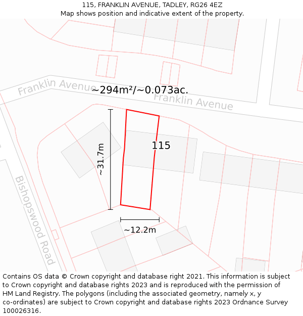 115, FRANKLIN AVENUE, TADLEY, RG26 4EZ: Plot and title map