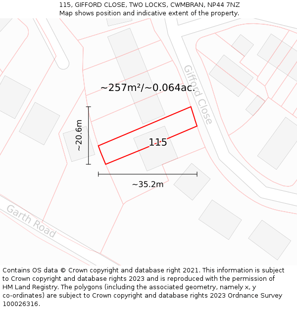 115, GIFFORD CLOSE, TWO LOCKS, CWMBRAN, NP44 7NZ: Plot and title map