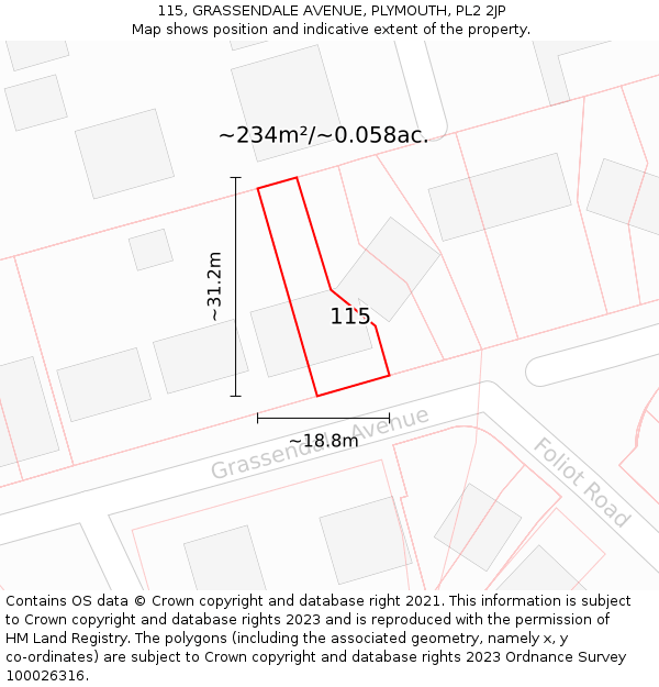 115, GRASSENDALE AVENUE, PLYMOUTH, PL2 2JP: Plot and title map