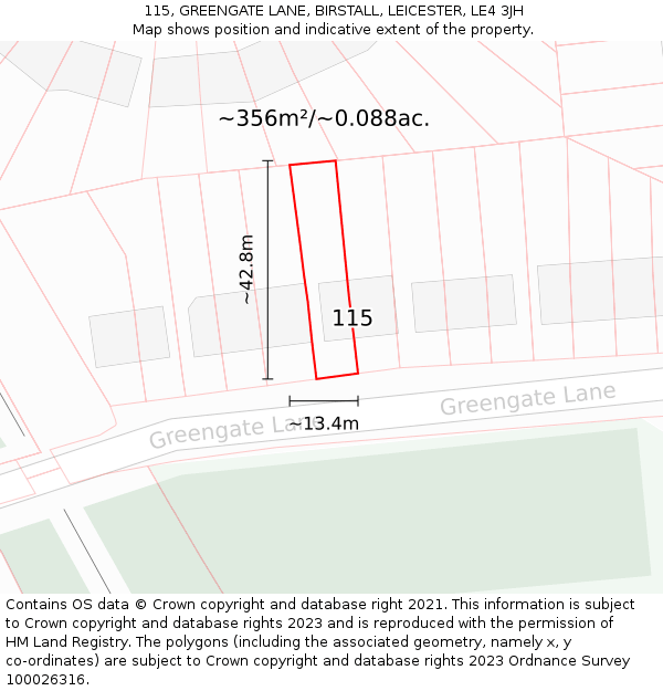 115, GREENGATE LANE, BIRSTALL, LEICESTER, LE4 3JH: Plot and title map