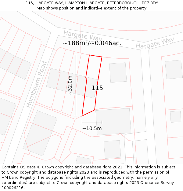115, HARGATE WAY, HAMPTON HARGATE, PETERBOROUGH, PE7 8DY: Plot and title map
