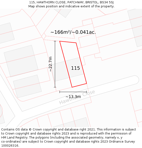 115, HAWTHORN CLOSE, PATCHWAY, BRISTOL, BS34 5SJ: Plot and title map