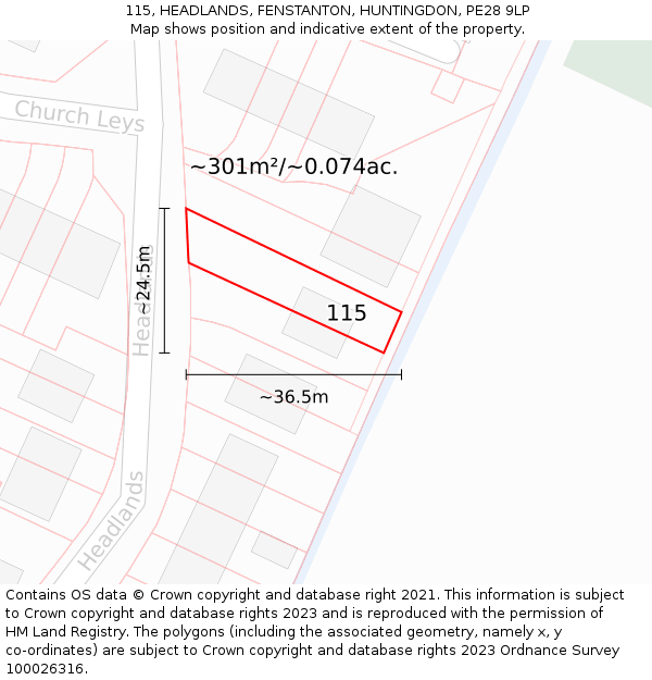 115, HEADLANDS, FENSTANTON, HUNTINGDON, PE28 9LP: Plot and title map