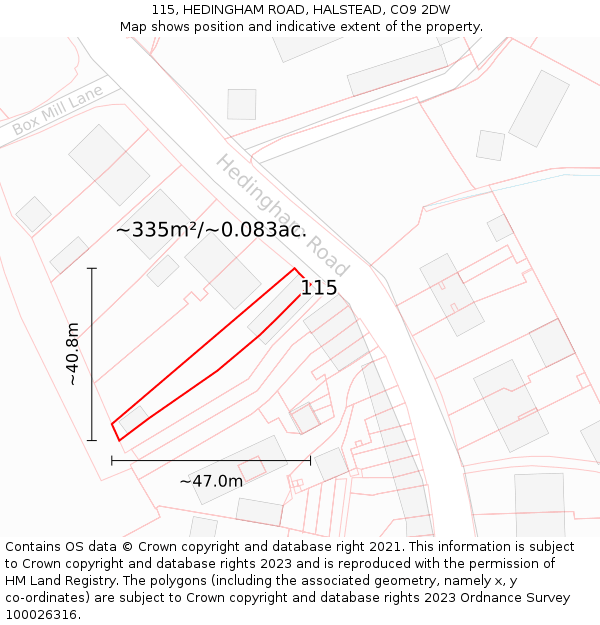115, HEDINGHAM ROAD, HALSTEAD, CO9 2DW: Plot and title map