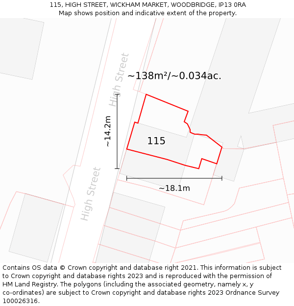 115, HIGH STREET, WICKHAM MARKET, WOODBRIDGE, IP13 0RA: Plot and title map