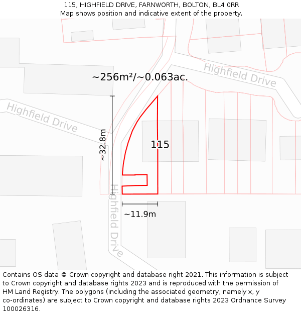 115, HIGHFIELD DRIVE, FARNWORTH, BOLTON, BL4 0RR: Plot and title map