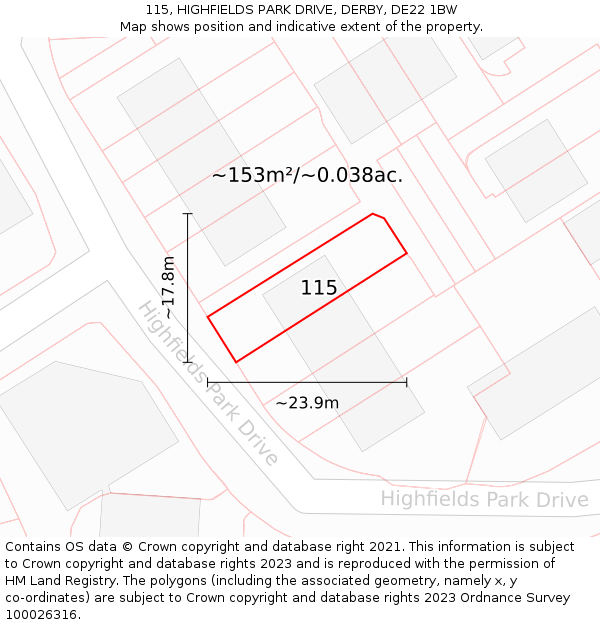 115, HIGHFIELDS PARK DRIVE, DERBY, DE22 1BW: Plot and title map