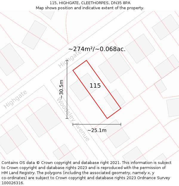115, HIGHGATE, CLEETHORPES, DN35 8PA: Plot and title map