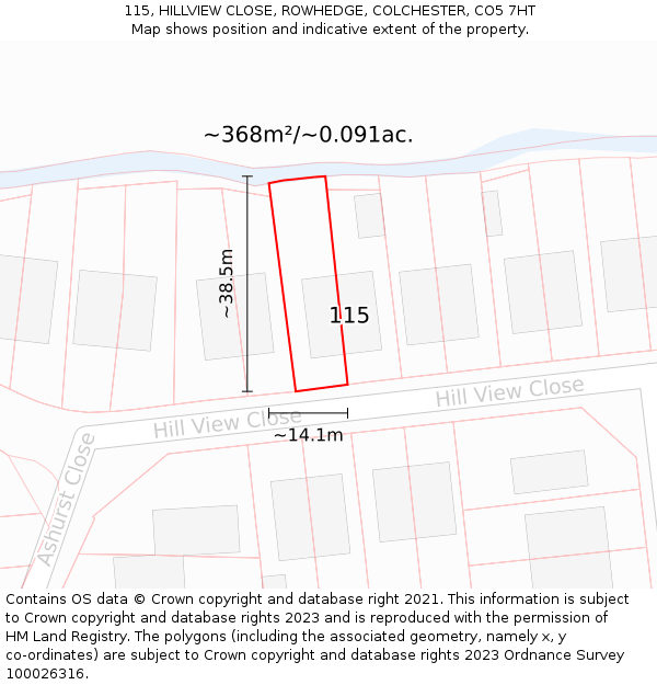 115, HILLVIEW CLOSE, ROWHEDGE, COLCHESTER, CO5 7HT: Plot and title map