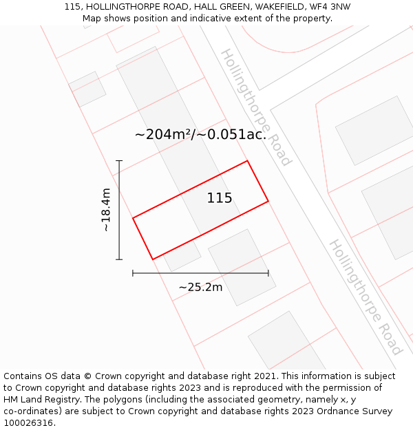 115, HOLLINGTHORPE ROAD, HALL GREEN, WAKEFIELD, WF4 3NW: Plot and title map