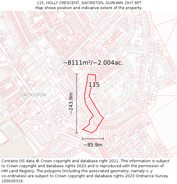 115, HOLLY CRESCENT, SACRISTON, DURHAM, DH7 6PT: Plot and title map