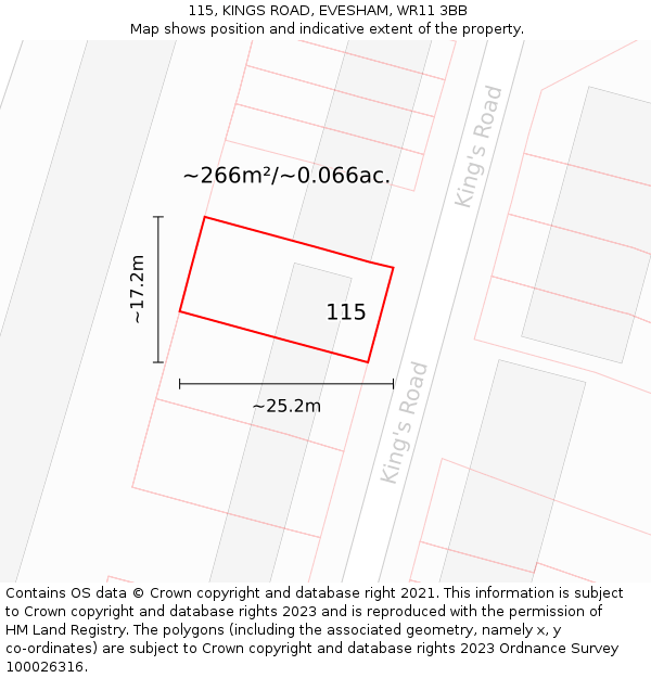 115, KINGS ROAD, EVESHAM, WR11 3BB: Plot and title map