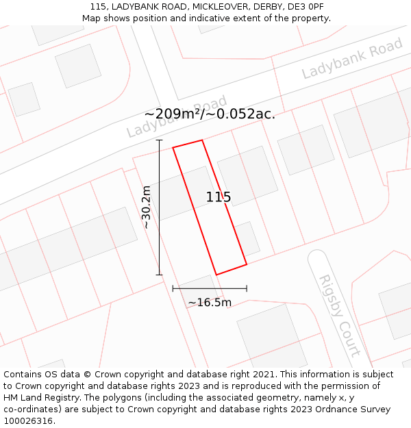 115, LADYBANK ROAD, MICKLEOVER, DERBY, DE3 0PF: Plot and title map
