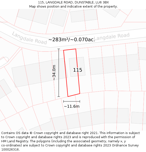 115, LANGDALE ROAD, DUNSTABLE, LU6 3BX: Plot and title map